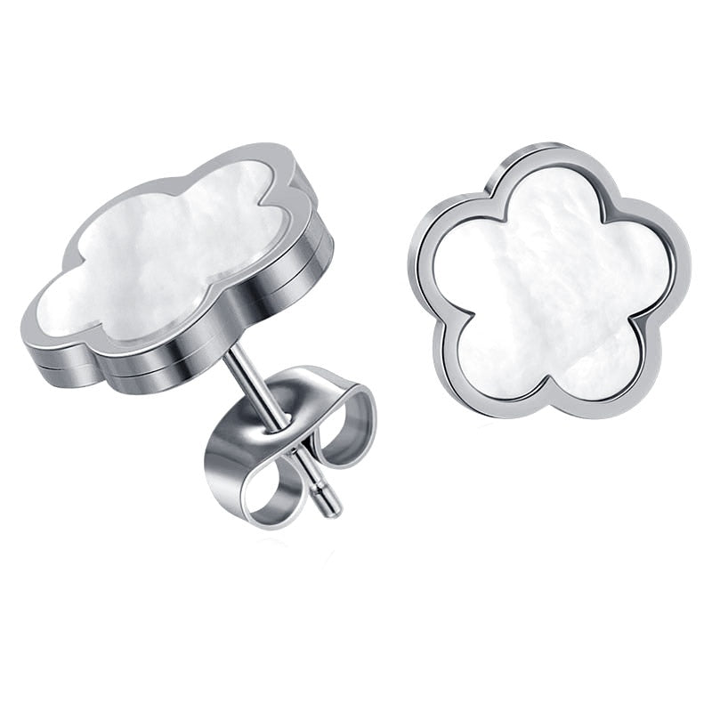 Elegant 2Pcs Stainless Steel White Shell Flower Stud Earrings Sets