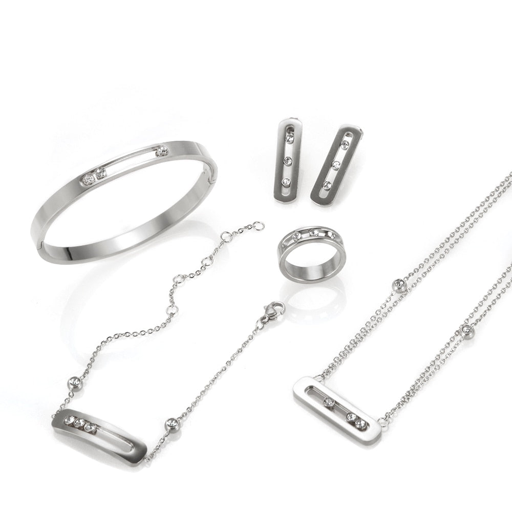 Stainless steel ring Jewelry set: bracelet, necklace, earrings and sliding bracelet with zircon stones