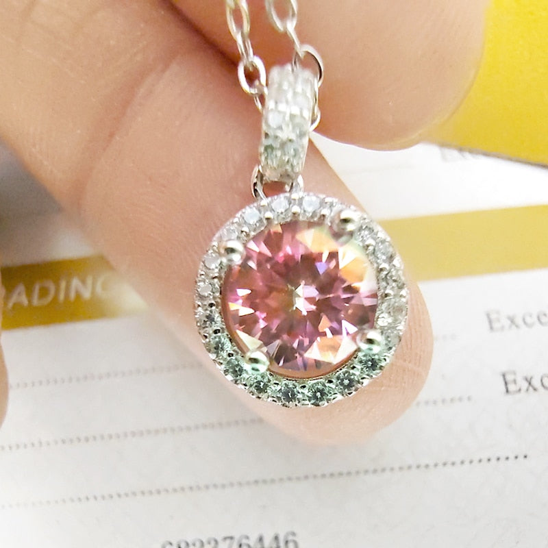 Luminous 3CT 9MM Pink Moissanite Pendant Necklace with gem Certificate