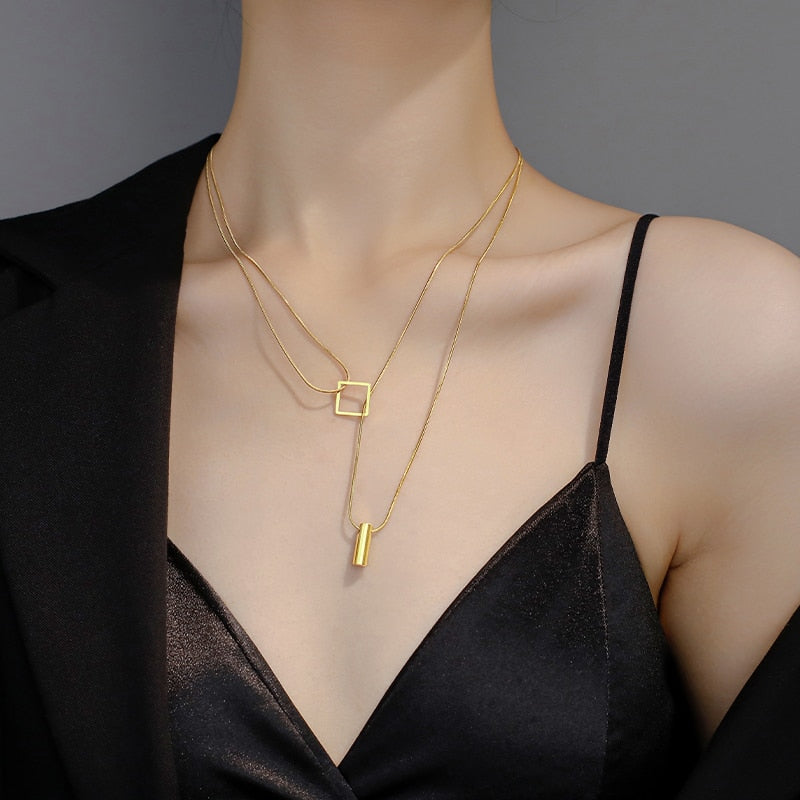 Stainless steel Gold Color Overlay Double-Layer Necklace