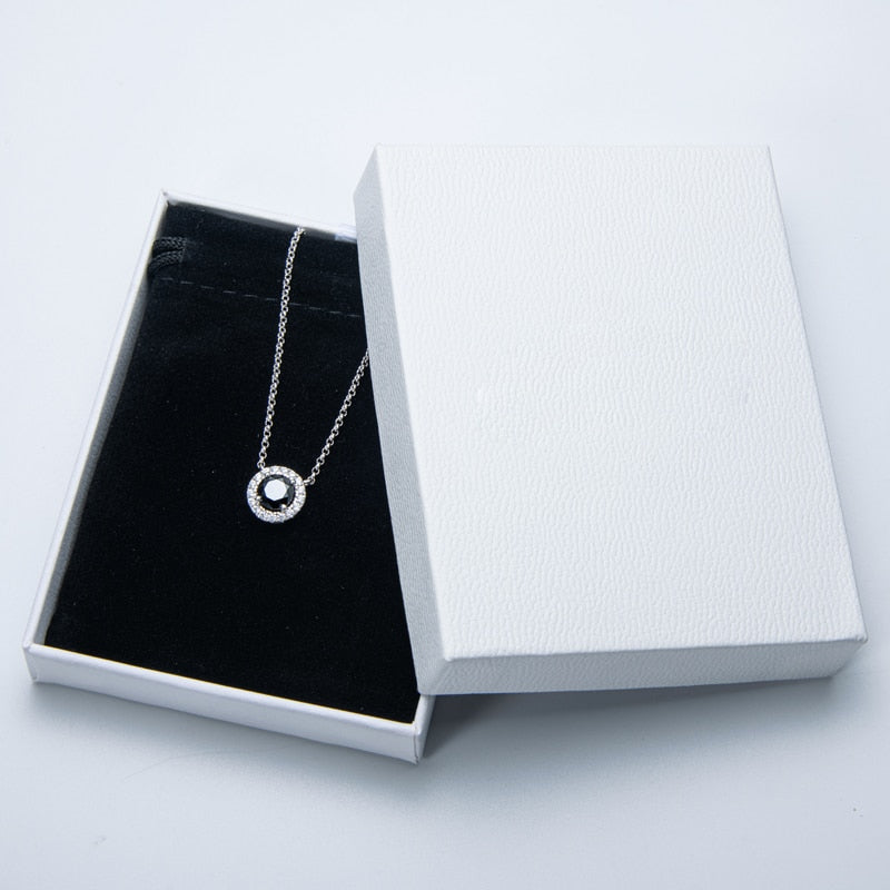 Luxury Female Pendant Necklace, Round Cut 1.0ct Black Moissanite Authentic 925 Sterling Silver