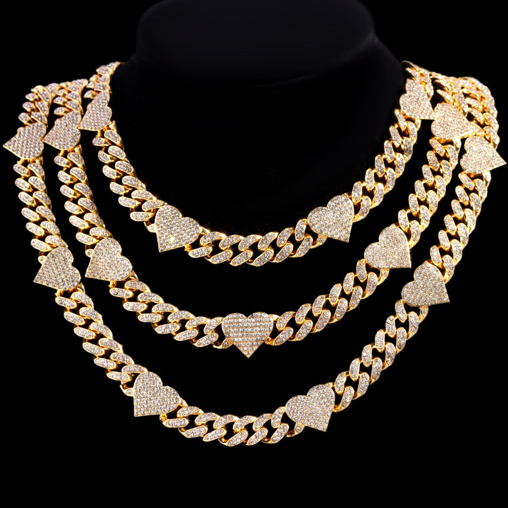 Hip Hop  Heart Cuban Link Chain Bling Iced Out, Rhinestone Paved Choker Necklaces BBunny Inspired