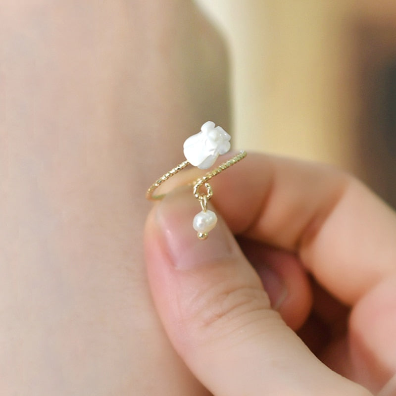 Delicate Natural Freshwater Pearl Shell Flower Ring with high quality Gold Plating and an adjustable Open Design