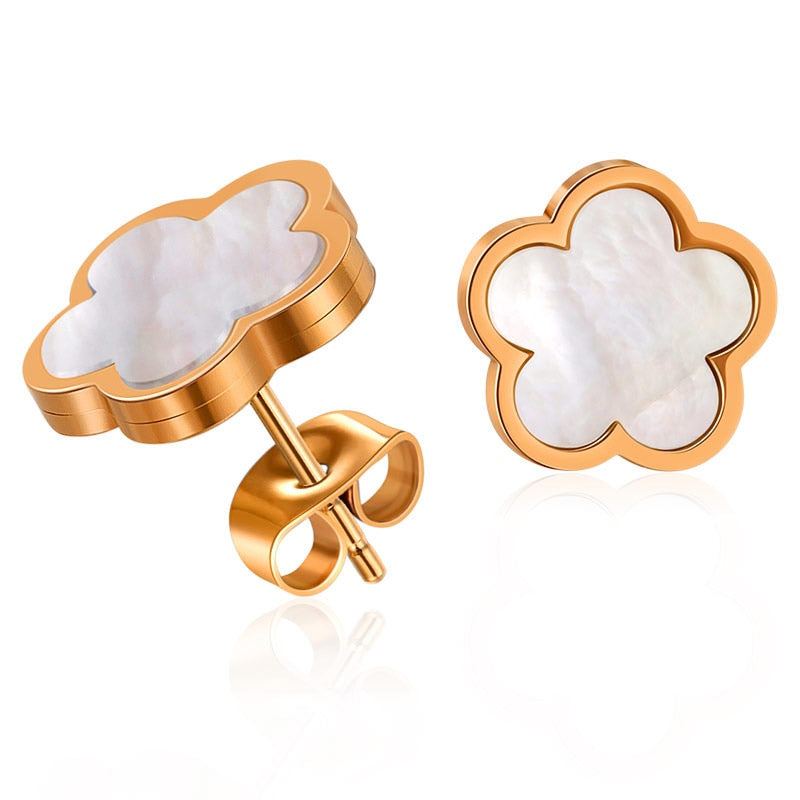 Elegant 2Pcs Stainless Steel White Shell Flower Stud Earrings Sets