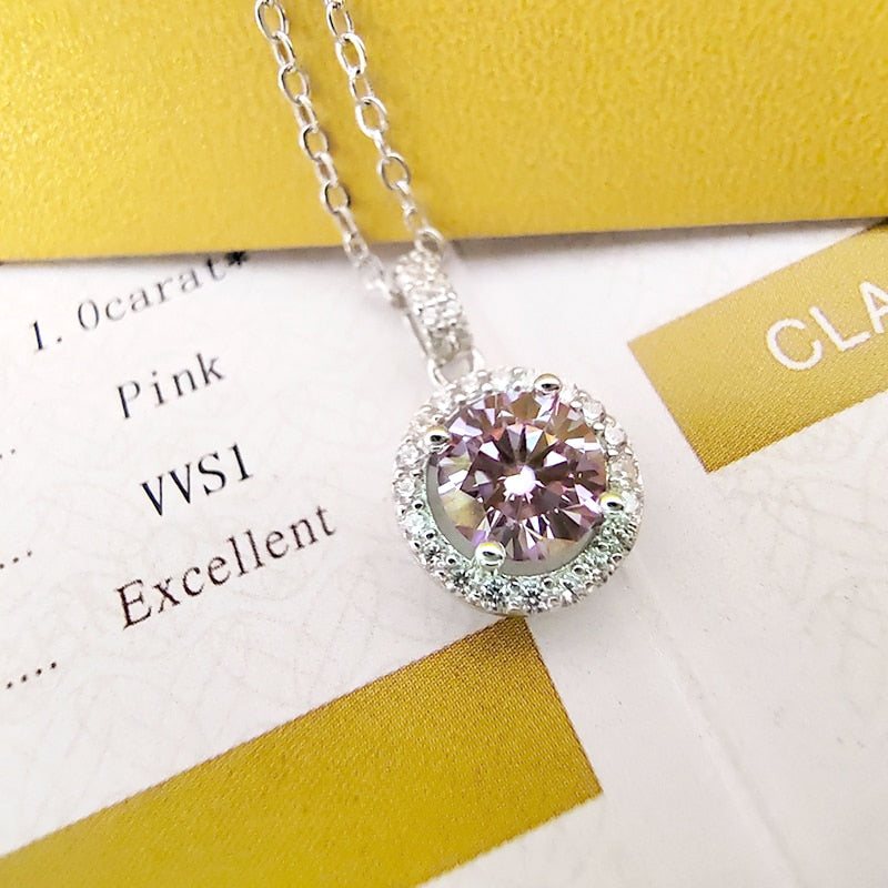 Luminous 3CT 9MM Pink Moissanite Pendant Necklace with gem Certificate