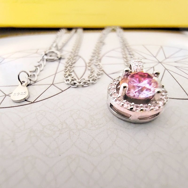 Luminous 3CT 9MM Pink Moissanite Pendant Necklace with gem Certificate