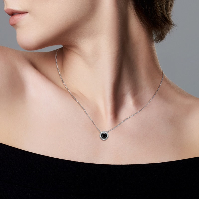 Luxury Female Pendant Necklace, Round Cut 1.0ct Black Moissanite Authentic 925 Sterling Silver