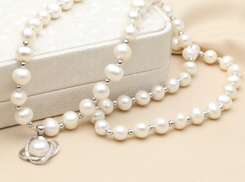 High Quality Natural Freshwater Pearl Long Pendant Necklace made with 925 Sterling Silver