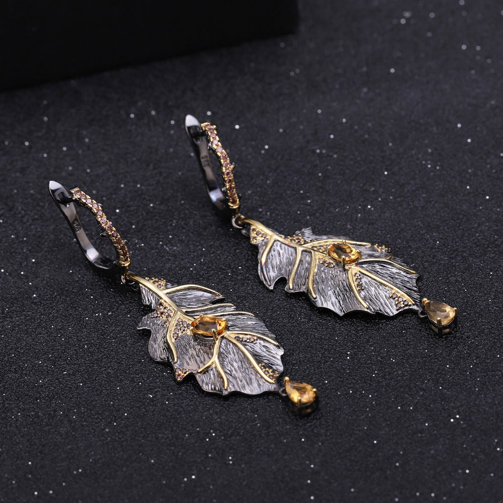 stunning Autumn Leaf Design Set, Featuring Natural Citrine Stones and Crafted from 925 Sterling Silver.