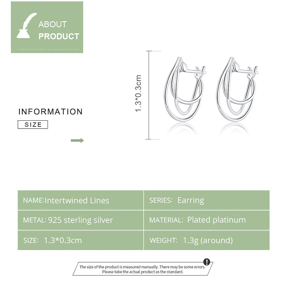 Pendientes de aro estilo francés de líneas entrelazadas de plata de ley 925