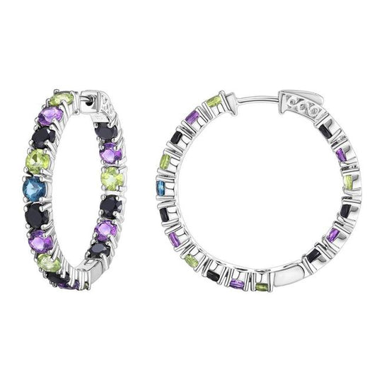 Large Hoop Earrings with Natural Blue Topaz and Amethyst Gemstone made with 925 Sterling Silver.