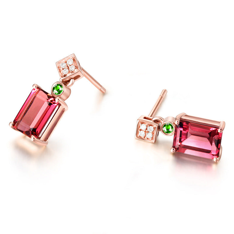 Fashion Earrings made of 925 Sterling Silver with Rectangle Ruby in Rose Gold.