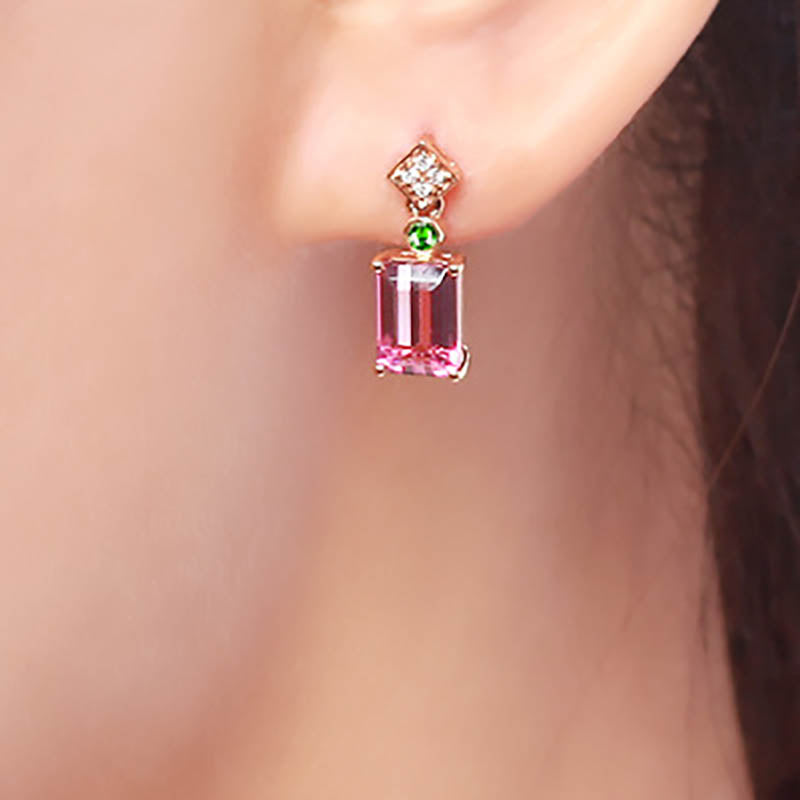 Fashion Earrings made of 925 Sterling Silver with Rectangle Ruby in Rose Gold.