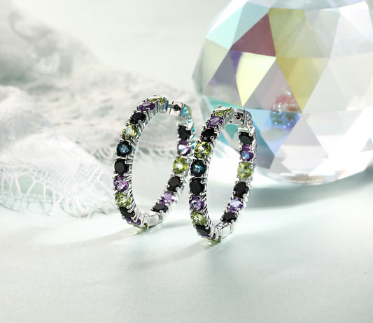 Large Hoop Earrings with Natural Blue Topaz and Amethyst Gemstone made with 925 Sterling Silver.