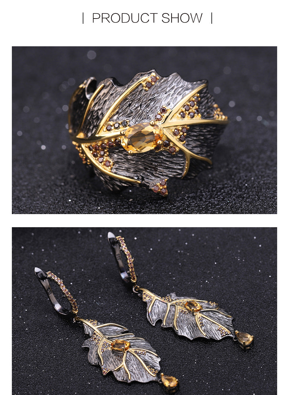 stunning Autumn Leaf Design Set, Featuring Natural Citrine Stones and Crafted from 925 Sterling Silver.