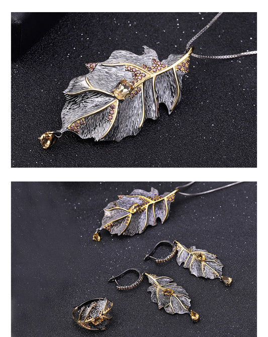 stunning Autumn Leaf Design Set, Featuring Natural Citrine Stones and Crafted from 925 Sterling Silver.