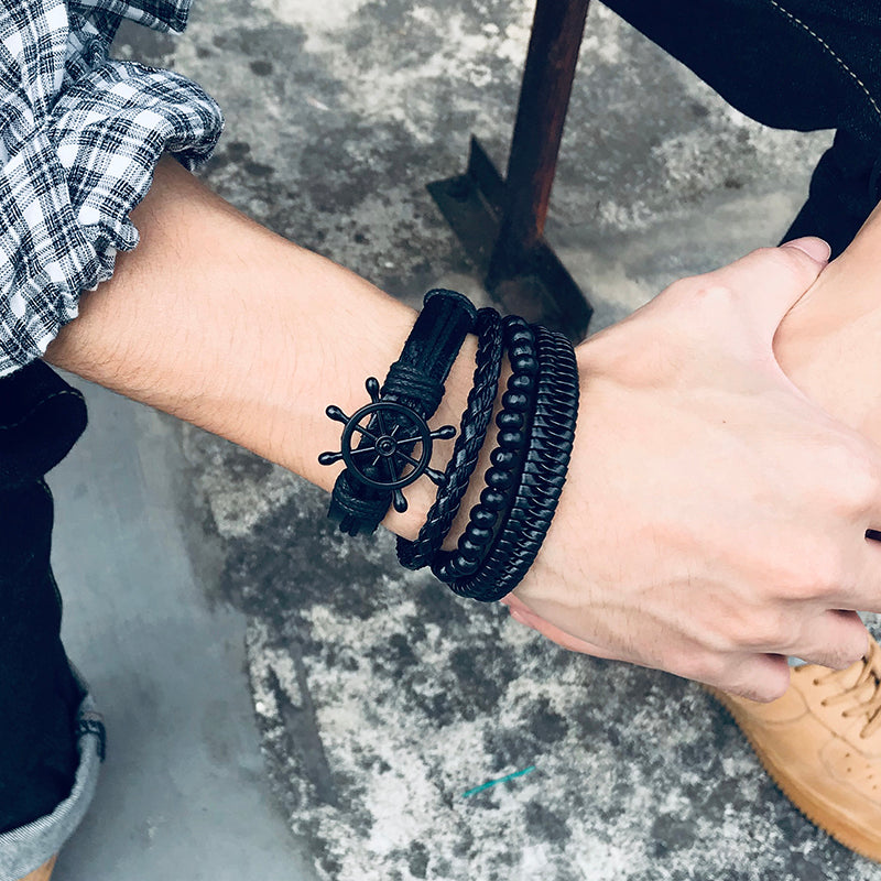 Juego de 4 pulseras de cuero con envoltura trenzada para hombres, árbol de la vida vintage, dije de timón, cuentas de madera