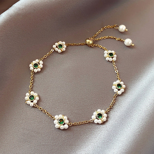 Trending High Quality Gold Plated Pearl and Emerald Flower Bracelet: High Quality Jewelry