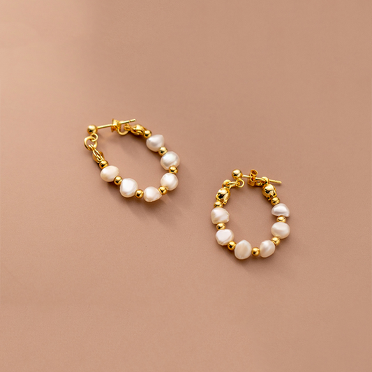 Delicate 925 Sterling Silver circular Earrings with Baroque Freshwater Pearl and high quality Gold plating