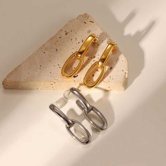 Dangling earrings with flat and thick hoops made of stainless steel, waterproof, with high quality gold plating