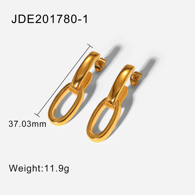 Dangling earrings with flat and thick hoops made of stainless steel, waterproof, with high quality gold plating