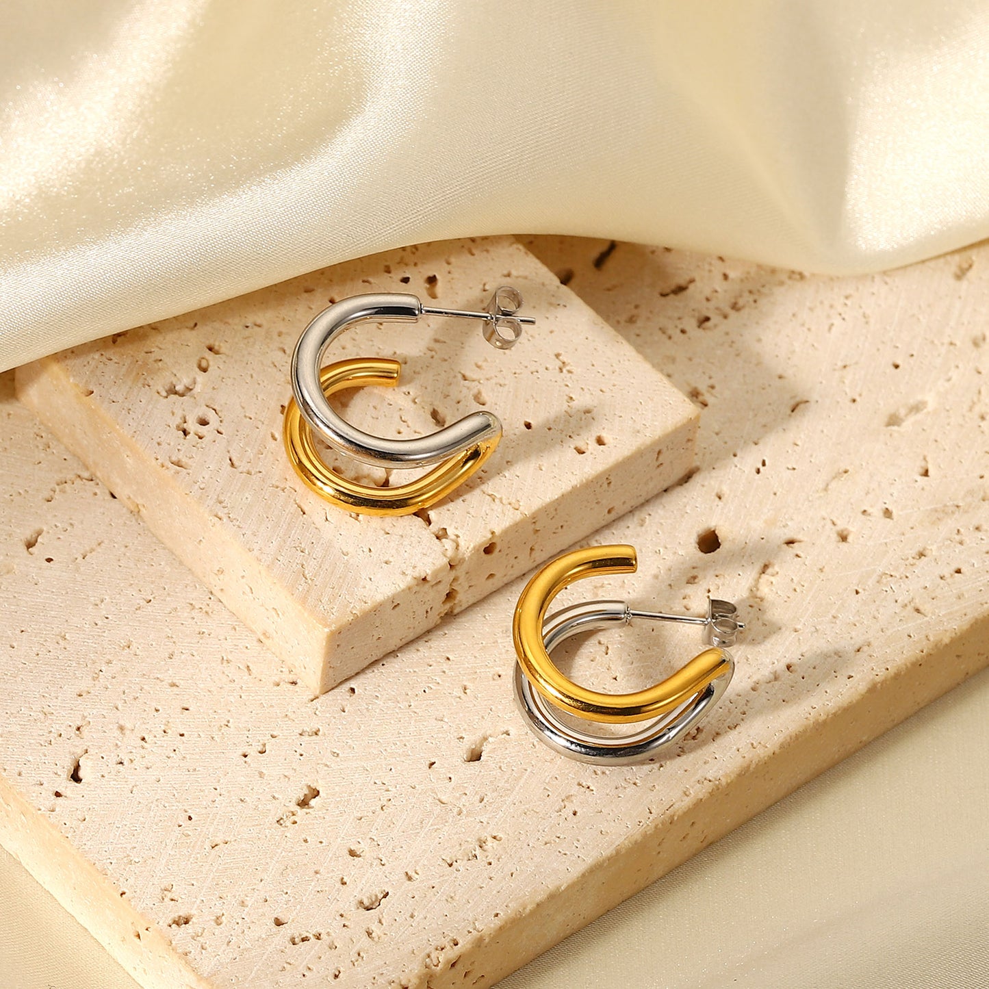 Double Layer Stainless Steel Hoop Earrings: High quality Gold Plating and over Sterling Silver