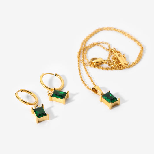 Delicate Square Emerald Green Zirconia Necklace and Earrings Made of High Quality Stainless Steel and Gold Plating