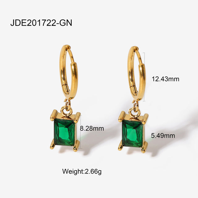 Delicate Square Emerald Green Zirconia Necklace and Earrings Made of High Quality Stainless Steel and Gold Plating