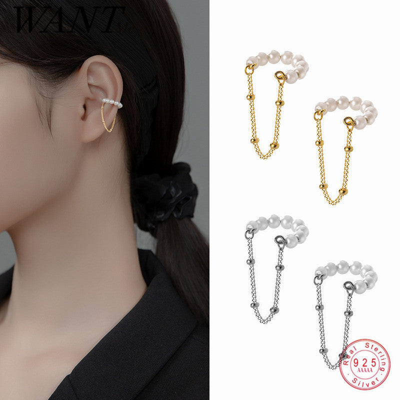 Pearl chain ear clip including other models, unique, fashionable and does not require piercing. Made with 925 sterling silver