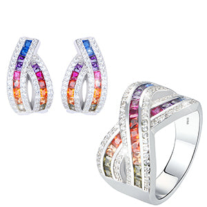 Luxury ring and earrings set made of 925 sterling silver and Multicolor Zirconia ***