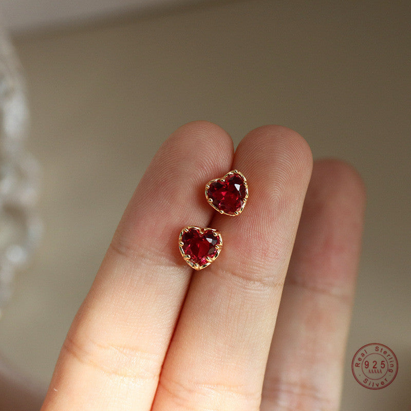 Heart Shaped Stud Earrings with Mini Red Ruby Made of 925 Sterling Silver