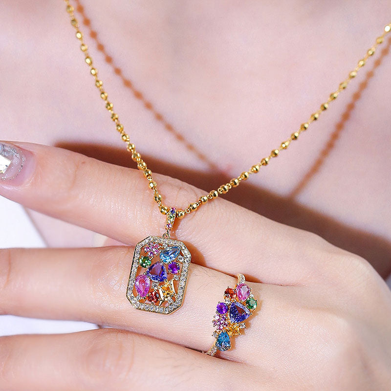 S925 with Gold Plating,  Secret Garden Ring & Necklace Set in a Romantic & Colorful style . Multi colored gemstones