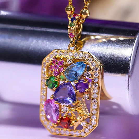 S925 with Gold Plating,  Secret Garden Ring & Necklace Set in a Romantic & Colorful style . Multi colored gemstones