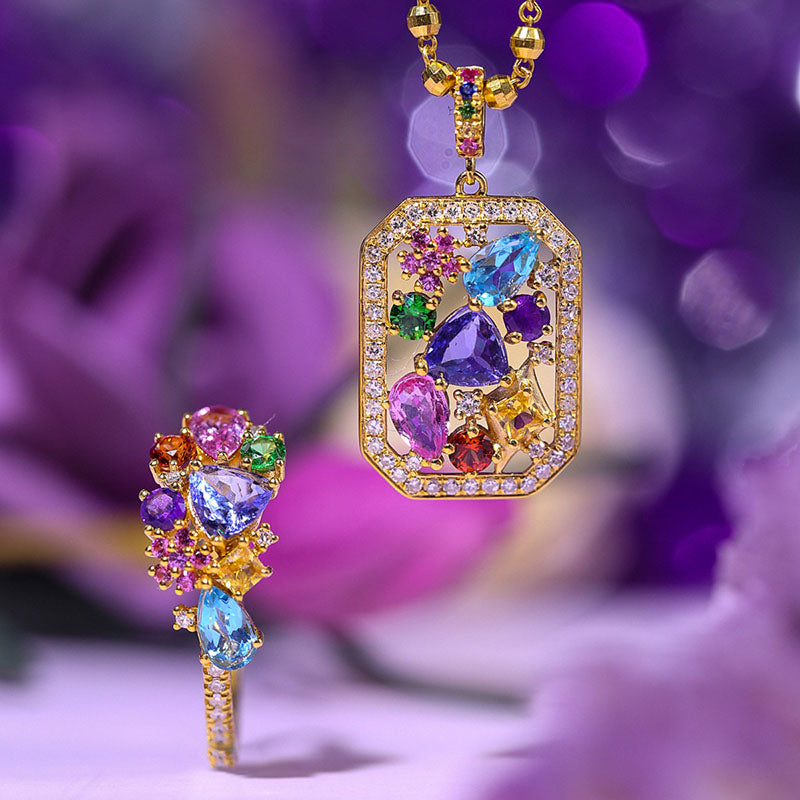 S925 with Gold Plating,  Secret Garden Ring & Necklace Set in a Romantic & Colorful style . Multi colored gemstones